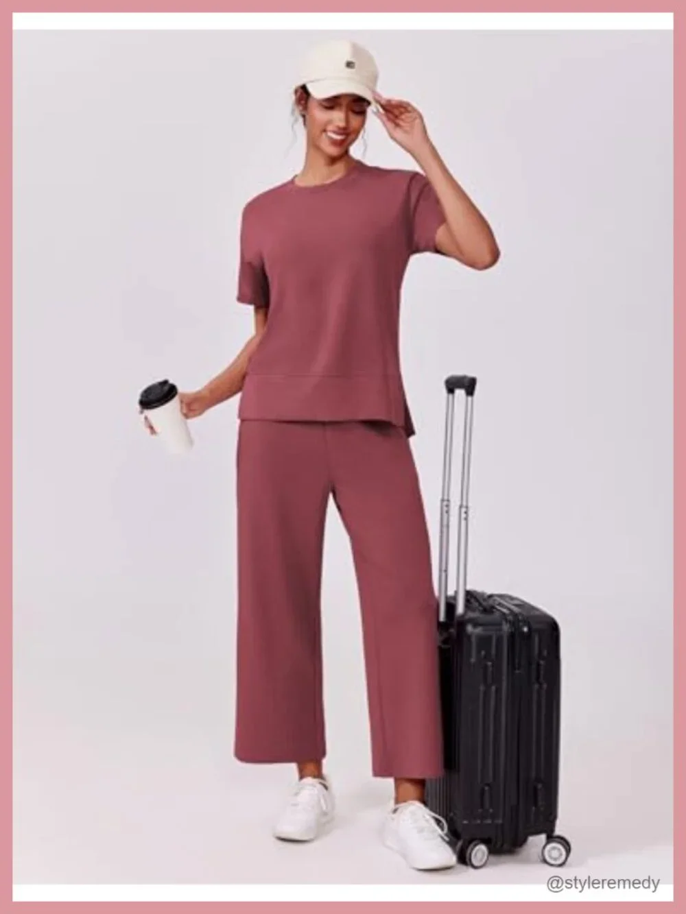 2 Piece Lounge Set Womens Short Sleeve Wide Leg Pants Drawstring Pockets Travel